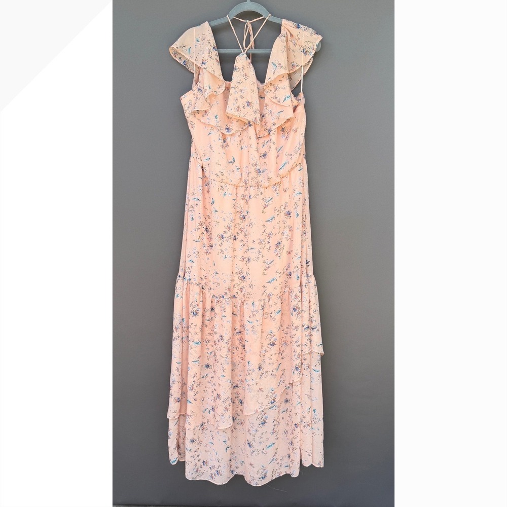 Reveuse Floral Maxi Dress 3x Peach Pink Ruffle Tiered Chiffon Boho Wedding